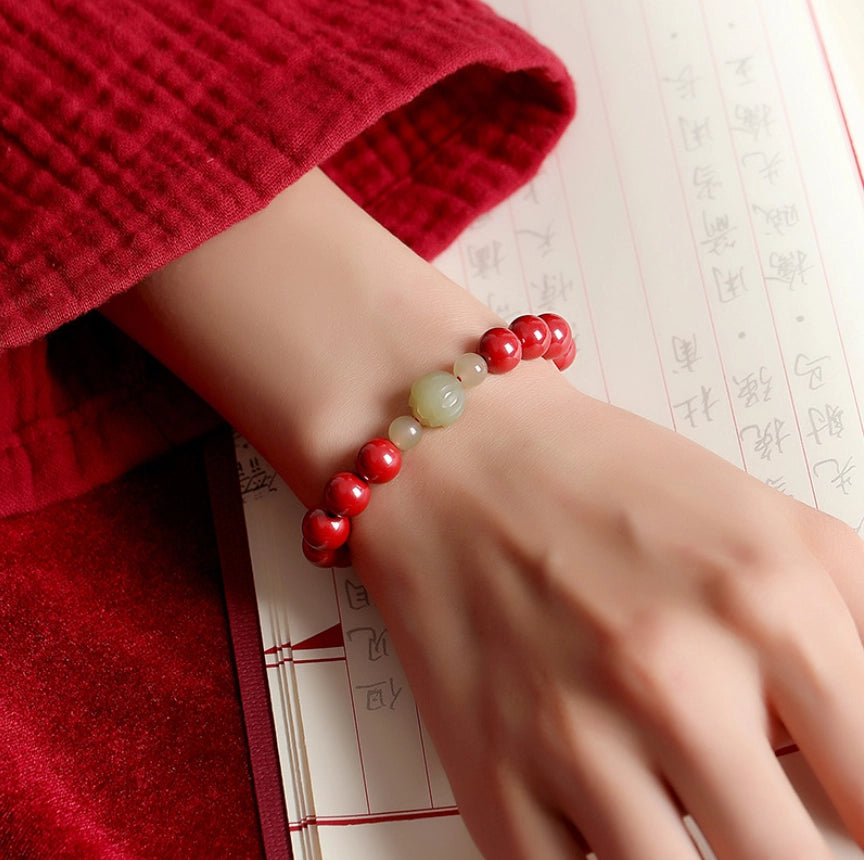 Oriental Treasure Cinnabar Bracelet Lotus Bracelet Natural Hetian Jade Bracelet Adjustable