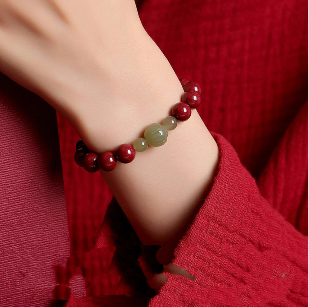 Oriental Treasure Cinnabar Bracelet Lotus Bracelet Natural Hetian Jade Bracelet Adjustable