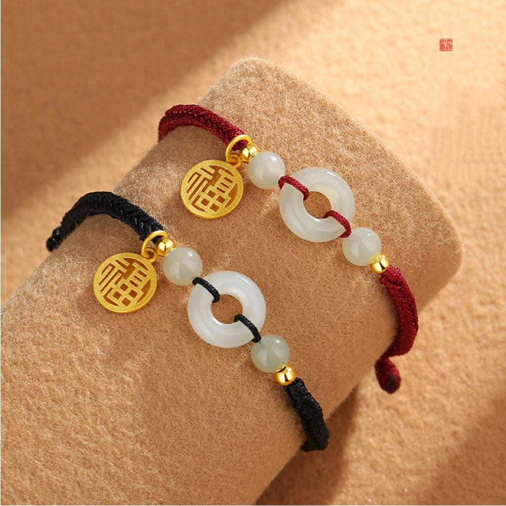 Oriental Treasure Character "Fu" (福) Bracelet Peace Knot Couples Bracelet Natural Hetian Jade Bracelet Protection Adjustable Red String Bracelet