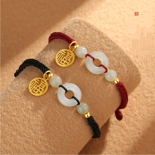 Bracelet de caractère oriental "Fu" (福) Bracelet de nœud de paix pour couples Bracelet en jade naturel de Hetian Bracelet de protection à ajustement Bracelet de ficelle rouge
