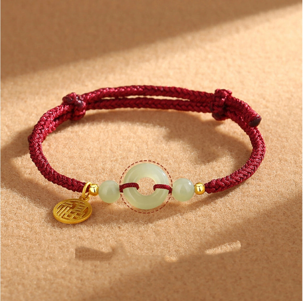 Oriental Treasure Character "Fu" (福) Bracelet Peace Knot Couples Bracelet Natural Hetian Jade Bracelet Protection Adjustable Red String Bracelet