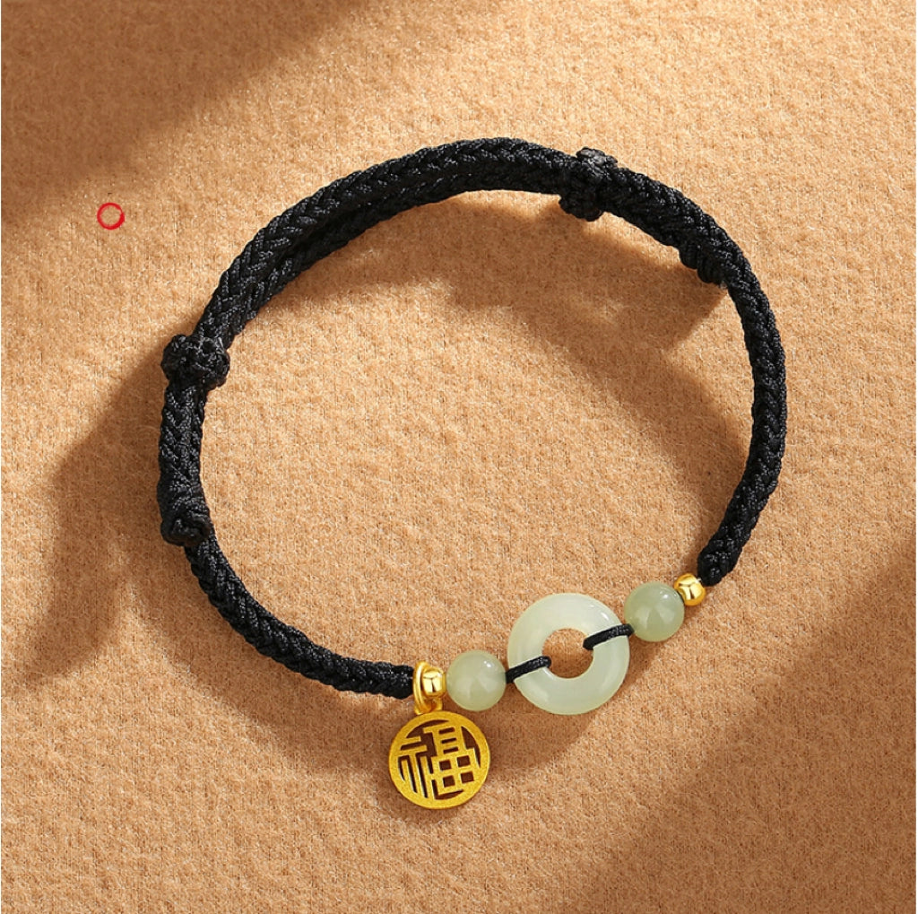 Oriental Treasure Character "Fu" (福) Bracelet Peace Knot Couples Bracelet Natural Hetian Jade Bracelet Protection Adjustable Red String Bracelet