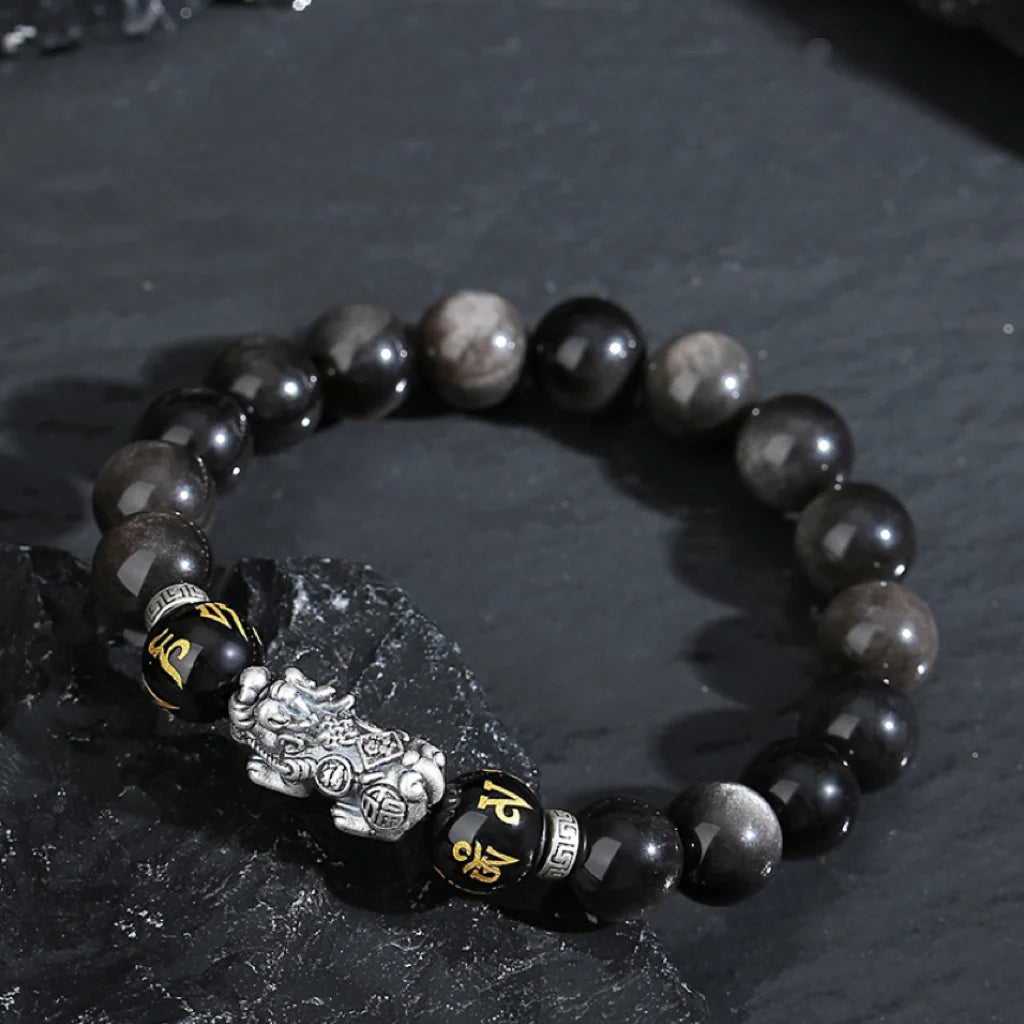 Oriental Treasure Natural Black Obsidian Bracelet Career Success Chinese Style Pi Xiu Bracelet Dual Wealth 999 Sterling Silver Protection Adjustable Bracelet for Men/Dad/Boys