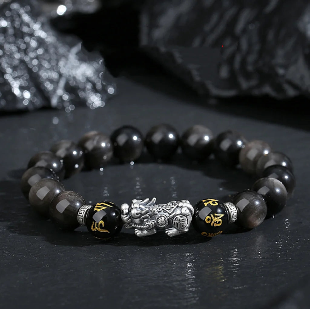 Oriental Treasure Natural Black Obsidian Bracelet Career Success Chinese Style Pi Xiu Bracelet Dual Wealth 999 Sterling Silver Protection Adjustable Bracelet for Men/Dad/Boys