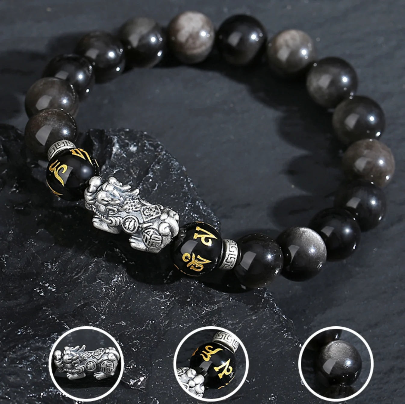 Oriental Treasure Natural Black Obsidian Bracelet Career Success Chinese Style Pi Xiu Bracelet Dual Wealth 999 Sterling Silver Protection Adjustable Bracelet for Men/Dad/Boys