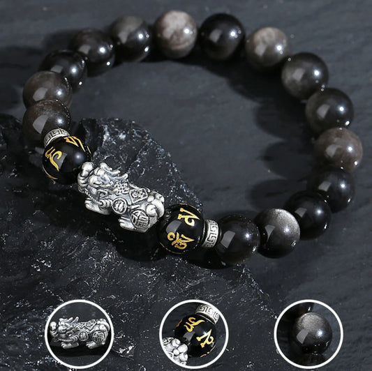 Bracelet de Trésor Oriental en Obsidienne Noire Naturelle Réussite Professionnelle Style Chinois Bracelet Pi Xiu Double Richesse Argent Sterling 999 Protection Ajustable pour Hommes/Papa/Garçons