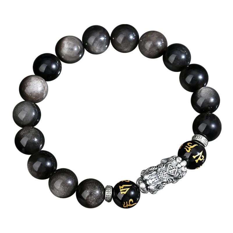 Oriental Treasure Natural Black Obsidian Bracelet Career Success Chinese Style Pi Xiu Bracelet Dual Wealth 999 Sterling Silver Protection Adjustable Bracelet for Men/Dad/Boys