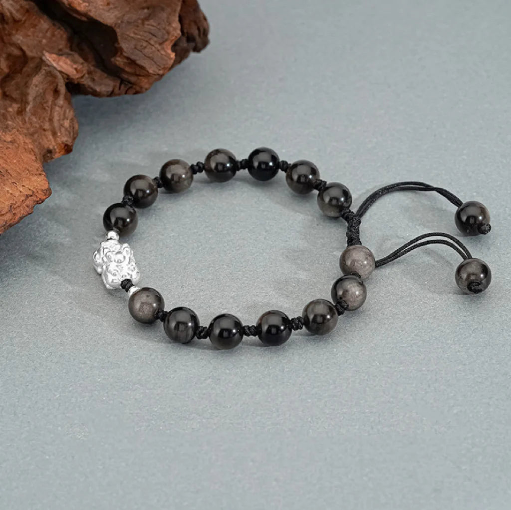 Oriental Treasure Career Success Chinese Style Pi Xiu Bracelet Natural Black Obsidian Bracelet Dual Wealth 999 Sterling Silver Protection Adjustable Bracelet for Men/Dad/Boys