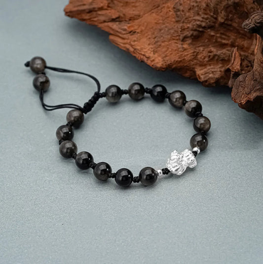 Bracelet de Pi Xiu au style chinois pour la réussite professionnelle Trésor oriental Bracelet en obsidienne noire naturelle Double richesse Argent sterling 999 Protection Bracelet réglable pour hommes/Papa/Garçons