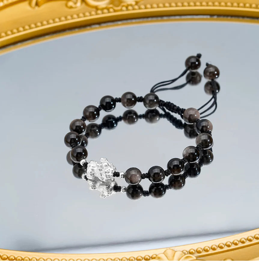 Oriental Treasure Career Success Chinese Style Pi Xiu Bracelet Natural Black Obsidian Bracelet Dual Wealth 999 Sterling Silver Protection Adjustable Bracelet for Men/Dad/Boys