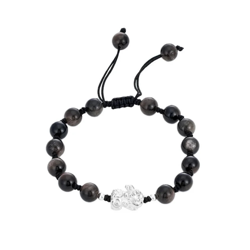 Oriental Treasure Career Success Chinese Style Pi Xiu Bracelet Natural Black Obsidian Bracelet Dual Wealth 999 Sterling Silver Protection Adjustable Bracelet for Men/Dad/Boys