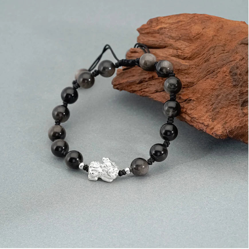 Oriental Treasure Career Success Chinese Style Pi Xiu Bracelet Natural Black Obsidian Bracelet Dual Wealth 999 Sterling Silver Protection Adjustable Bracelet for Men/Dad/Boys