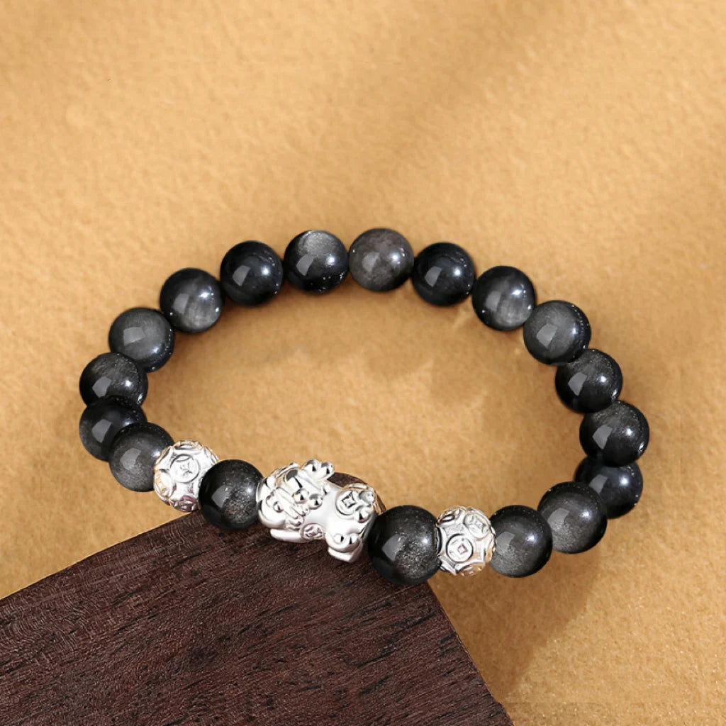 Oriental Treasure Wealth Accumulation Chinese Style Pi Xiu Bracelet Natural Black Obsidian Bracelet 999 Sterling Silver Protection Adjustable Bracelet for Men/Dad/Boys