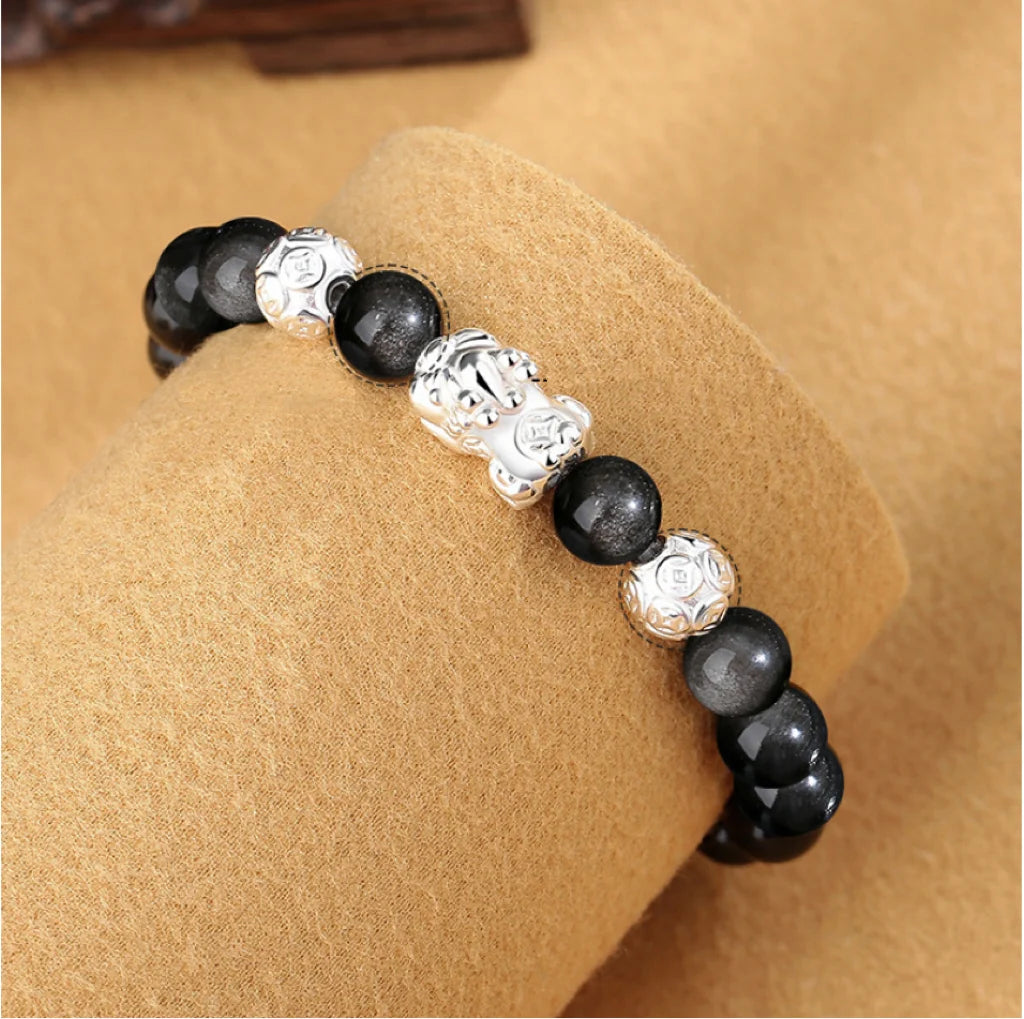 Oriental Treasure Wealth Accumulation Chinese Style Pi Xiu Bracelet Natural Black Obsidian Bracelet 999 Sterling Silver Protection Adjustable Bracelet for Men/Dad/Boys