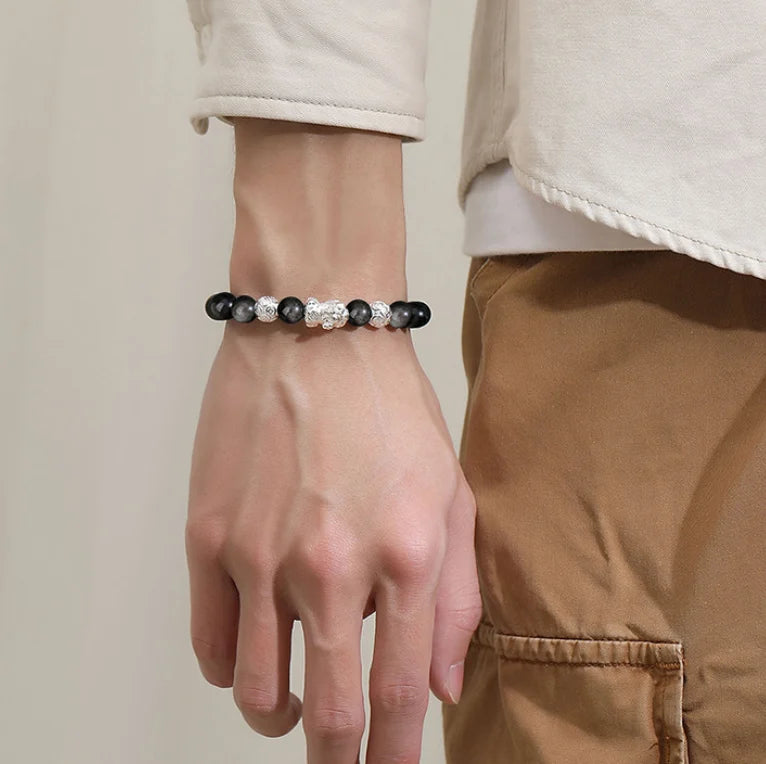 Oriental Treasure Wealth Accumulation Chinese Style Pi Xiu Bracelet Natural Black Obsidian Bracelet 999 Sterling Silver Protection Adjustable Bracelet for Men/Dad/Boys