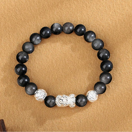Bracelet de Style Chinois Pi Xiu Accumulation de Richesse Trésor Oriental Bracelet en Obsidienne Noire Naturelle Bracelet en Argent Massif 999 Protection Réglable pour Hommes/Papa/Garçons