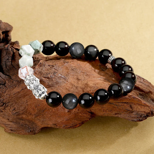 Bracelet de Style Chinois Pi Xiu Accumulation de Richesse Trésor Oriental Bracelet en Obsidienne Noire de Haute Qualité Perles d'Agate Bracelet en Argent Massif 999 Protection Réglable pour Hommes/Papa/Garçons
