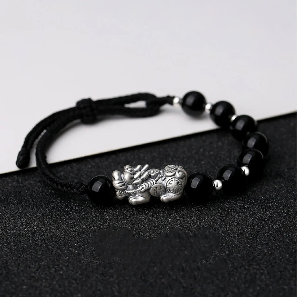Oriental Treasure Chinese Pi Xiu Bracelet Wealth Accumulation Natural Black Obsidian Bracelet 999 Sterling Silver Protection Adjustable Bracelet for Men/Dad/Boys