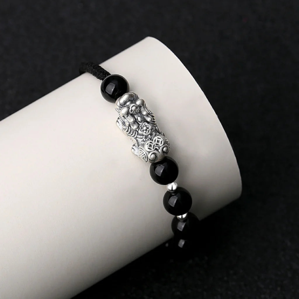 Oriental Treasure Chinese Pi Xiu Bracelet Wealth Accumulation Natural Black Obsidian Bracelet 999 Sterling Silver Protection Adjustable Bracelet for Men/Dad/Boys
