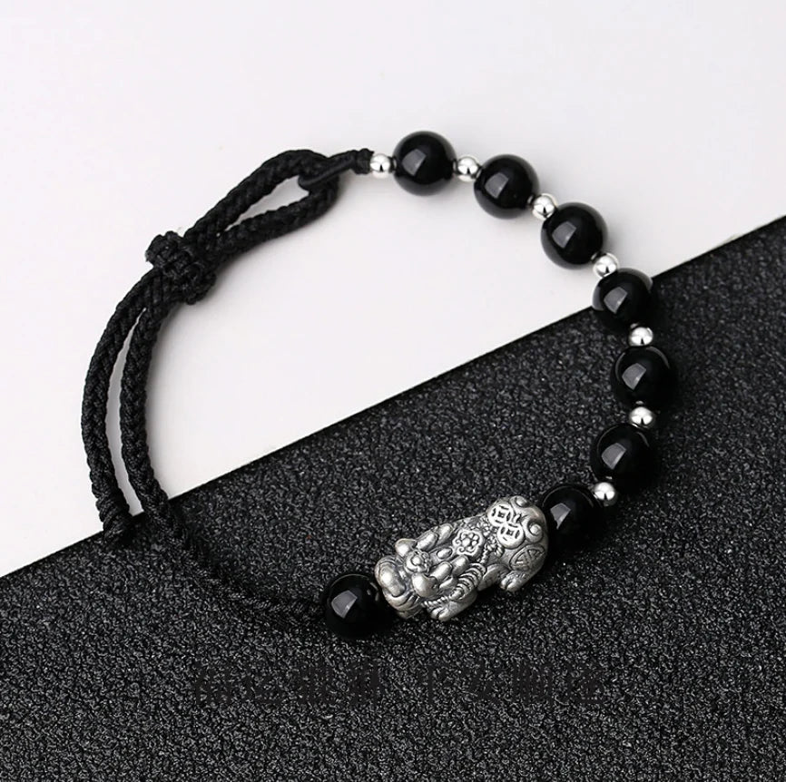 Oriental Treasure Chinese Pi Xiu Bracelet Wealth Accumulation Natural Black Obsidian Bracelet 999 Sterling Silver Protection Adjustable Bracelet for Men/Dad/Boys