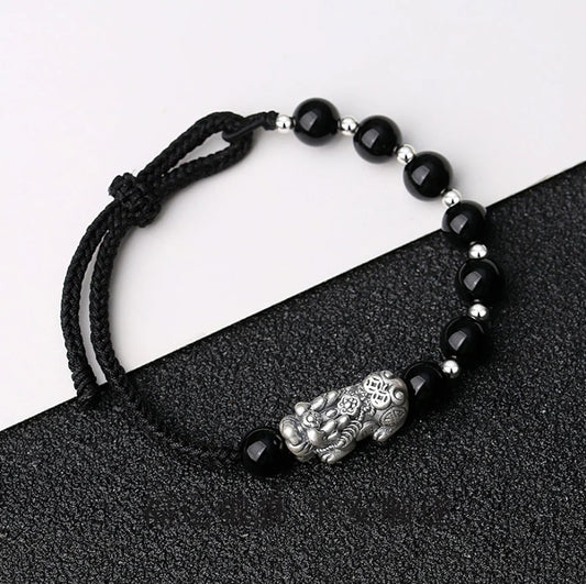 Bracelet Chinois Pi Xiu Trésor Oriental Accumulation de Richesse Obsidienne Noire Naturelle Bracelet en Argent Sterling 999 Protection Réglable pour Hommes/Papa/Garçons