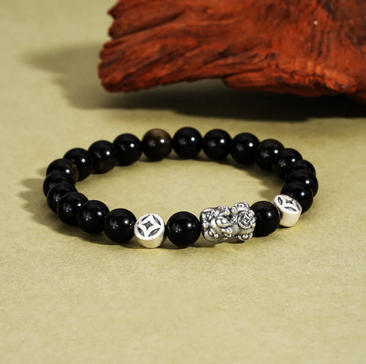 Bracelet Chinois Pi Xiu Trésor Oriental Accumulation de Richesse Obsidienne Noire Naturelle Bracelet en Argent Sterling 999 Protection Réglable pour Hommes/Papa/Garçons