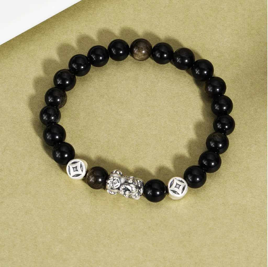 Oriental Treasure Chinese Pi Xiu Bracelet Wealth Accumulation Natural Black Obsidian Bracelet 999 Sterling Silver Protection Adjustable Bracelet for Men/Dad/Boys