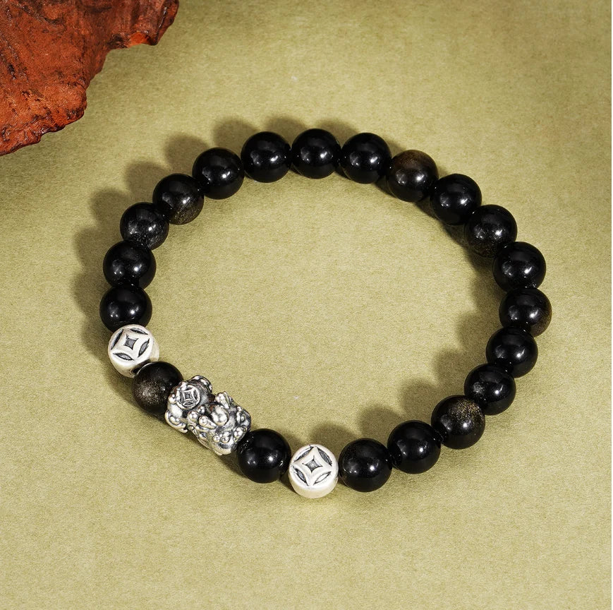 Oriental Treasure Chinese Pi Xiu Bracelet Wealth Accumulation Natural Black Obsidian Bracelet 999 Sterling Silver Protection Adjustable Bracelet for Men/Dad/Boys