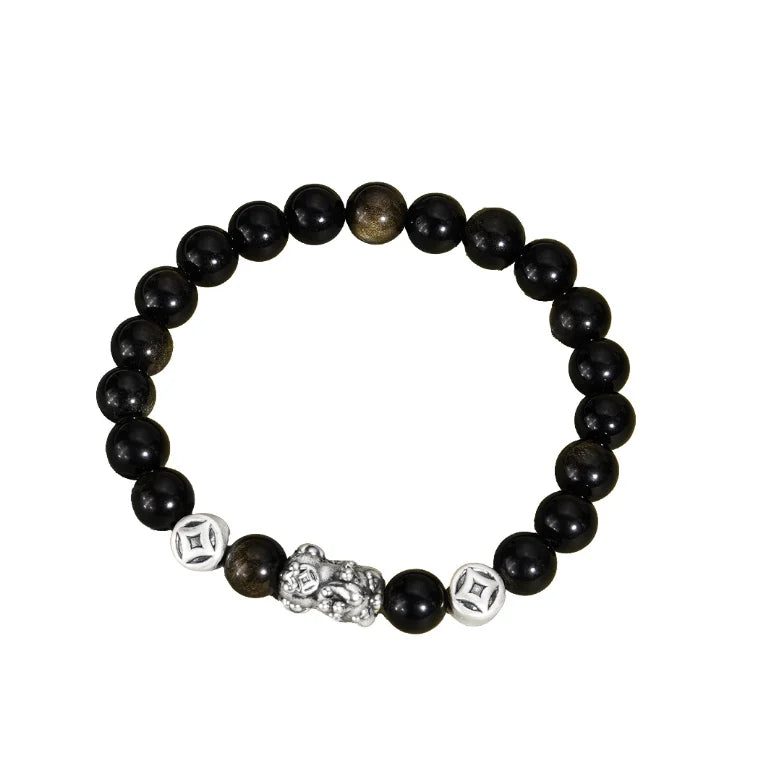 Oriental Treasure Chinese Pi Xiu Bracelet Wealth Accumulation Natural Black Obsidian Bracelet 999 Sterling Silver Protection Adjustable Bracelet for Men/Dad/Boys