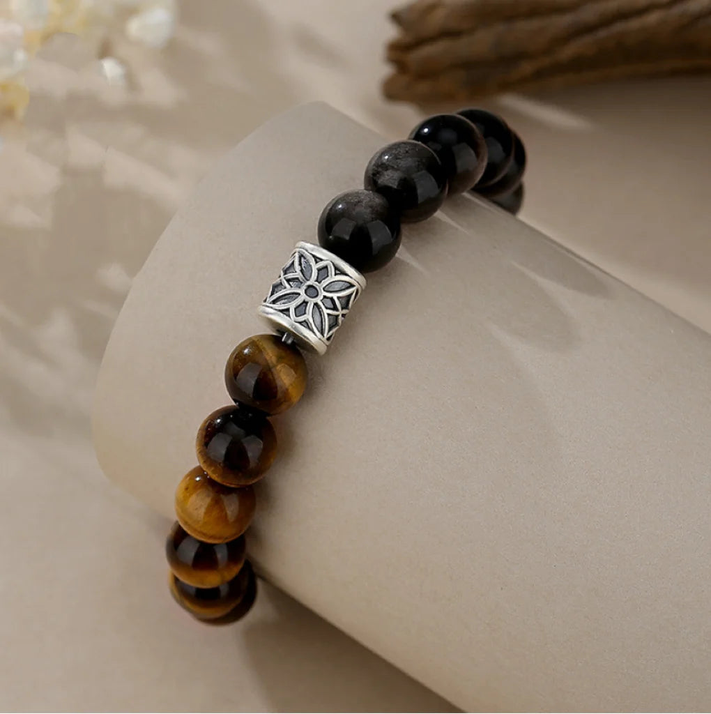 Oriental Treasure Natural Tiger's Eye Bracelet Wealth Magnetism Black Obsidian Bracelet Courage & Strength 999 Sterling Silver Adjustable Bracelet for Men/Dad/Boys