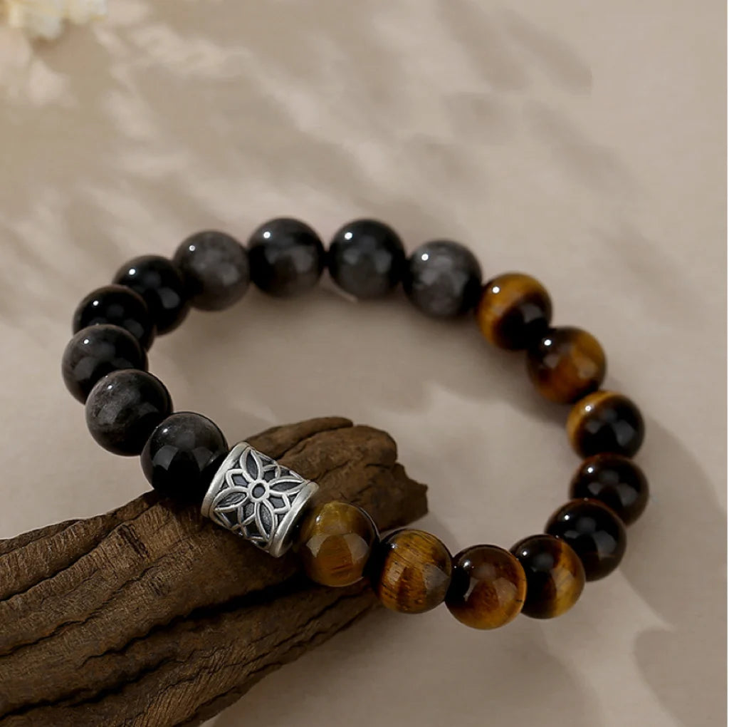 Oriental Treasure Natural Tiger's Eye Bracelet Wealth Magnetism Black Obsidian Bracelet Courage & Strength 999 Sterling Silver Adjustable Bracelet for Men/Dad/Boys