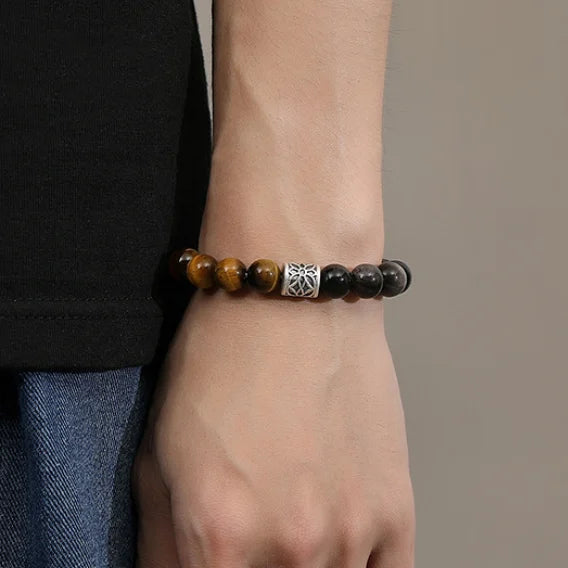 Oriental Treasure Natural Tiger's Eye Bracelet Wealth Magnetism Black Obsidian Bracelet Courage & Strength 999 Sterling Silver Adjustable Bracelet for Men/Dad/Boys