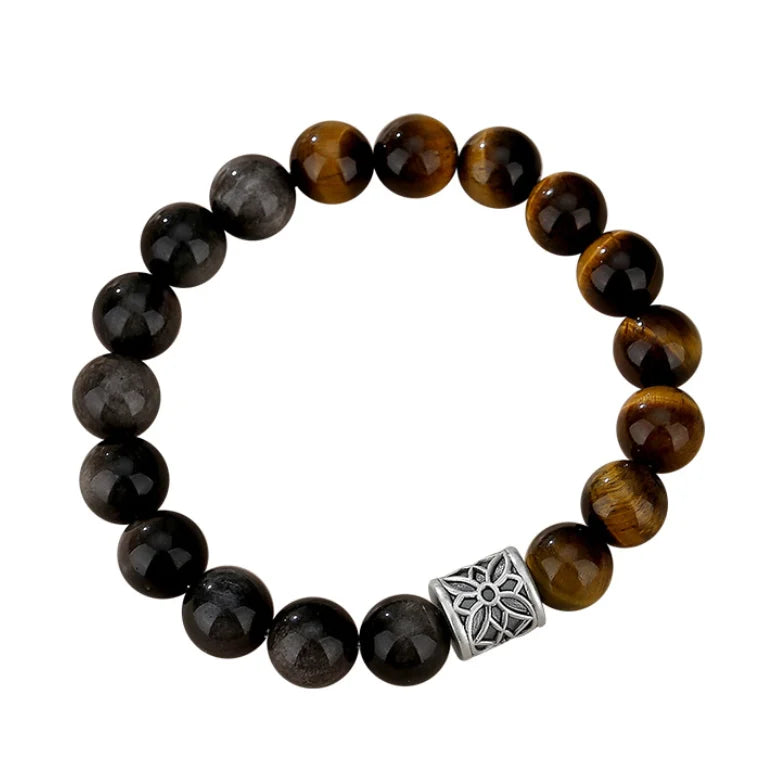 Oriental Treasure Natural Tiger's Eye Bracelet Wealth Magnetism Black Obsidian Bracelet Courage & Strength 999 Sterling Silver Adjustable Bracelet for Men/Dad/Boys