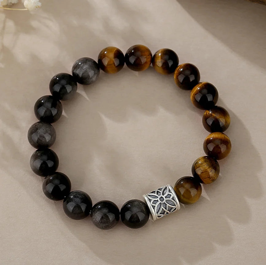 Oriental Treasure Natural Tiger's Eye Bracelet Wealth Magnetism Black Obsidian Bracelet Courage & Strength 999 Sterling Silver Adjustable Bracelet for Men/Dad/Boys