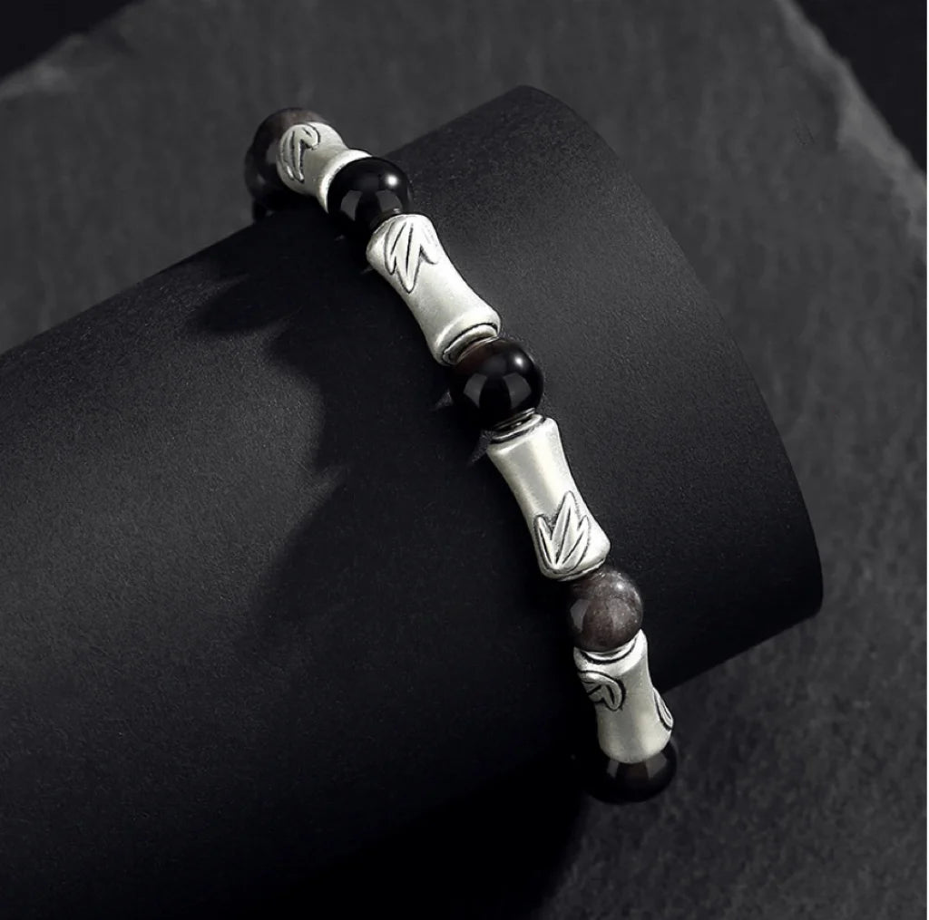 Oriental Treasure Chinese Bamboo Bracelet Wealth Accumulation Natural Black Obsidian Bracelet 999 Sterling Silver Protection Adjustable Bracelet for Men/Dad/Boys