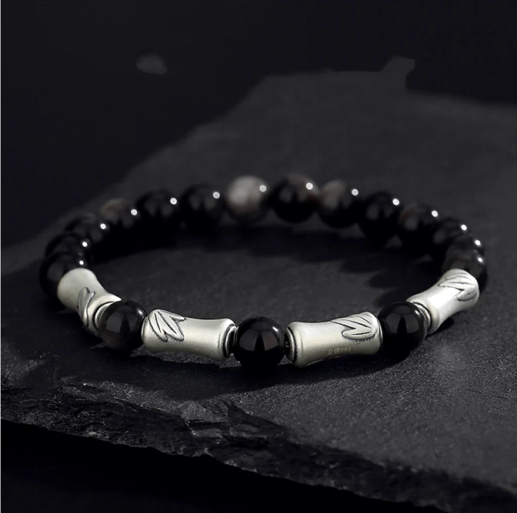 Oriental Treasure Chinese Bamboo Bracelet Wealth Accumulation Natural Black Obsidian Bracelet 999 Sterling Silver Protection Adjustable Bracelet for Men/Dad/Boys