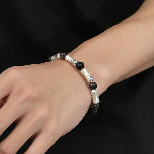 Oriental Treasure Chinese Bamboo Bracelet Wealth Accumulation Natural Black Obsidian Bracelet 999 Sterling Silver Protection Adjustable Bracelet for Men/Dad/Boys