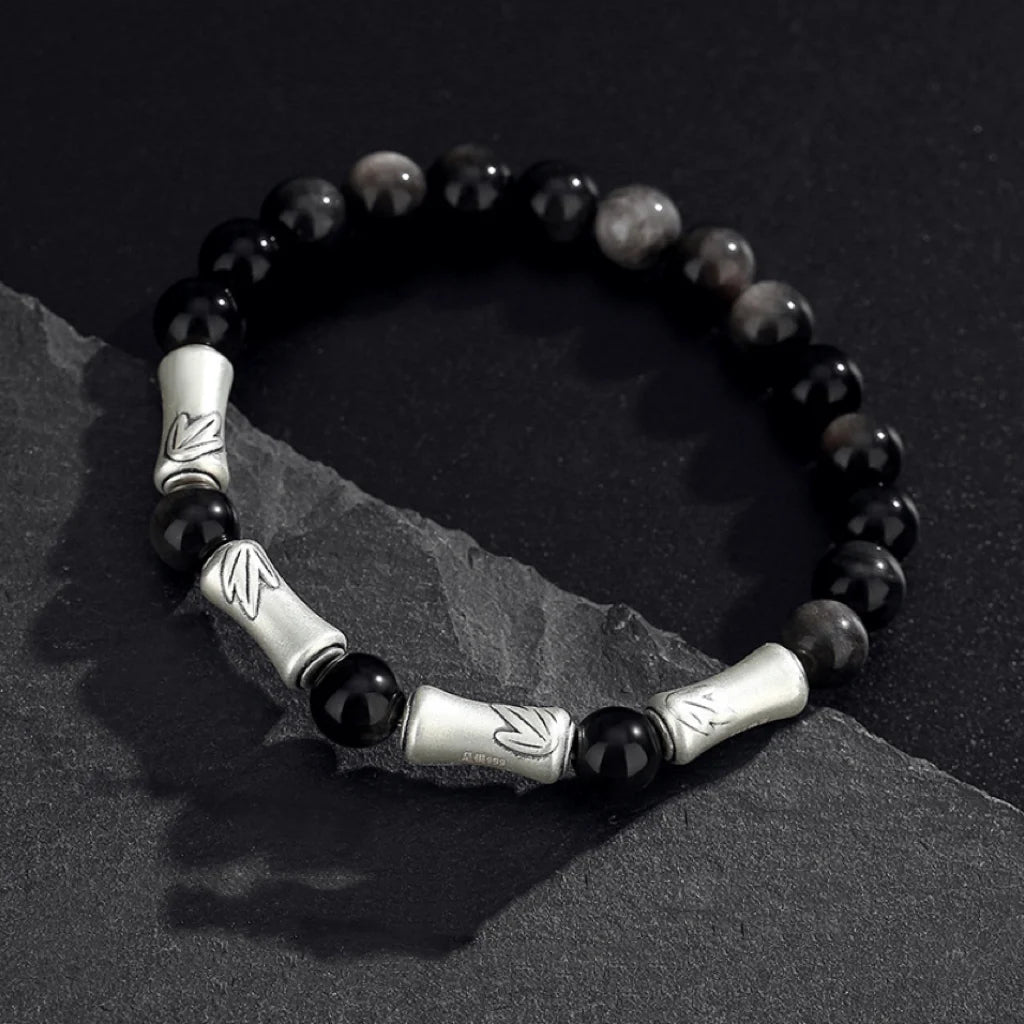 Oriental Treasure Chinese Bamboo Bracelet Wealth Accumulation Natural Black Obsidian Bracelet 999 Sterling Silver Protection Adjustable Bracelet for Men/Dad/Boys