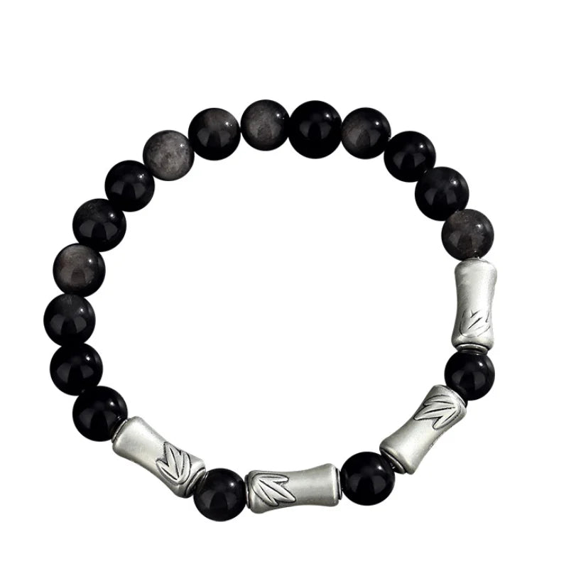 Oriental Treasure Chinese Bamboo Bracelet Wealth Accumulation Natural Black Obsidian Bracelet 999 Sterling Silver Protection Adjustable Bracelet for Men/Dad/Boys