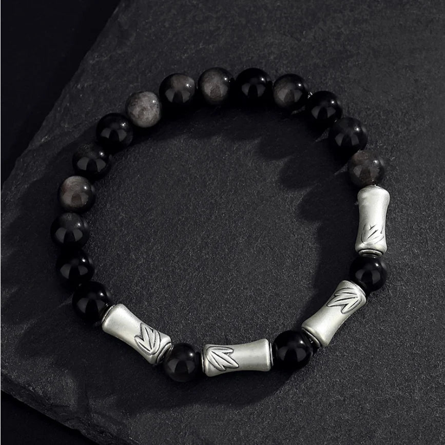 Oriental Treasure Chinese Bamboo Bracelet Wealth Accumulation Natural Black Obsidian Bracelet 999 Sterling Silver Protection Adjustable Bracelet for Men/Dad/Boys
