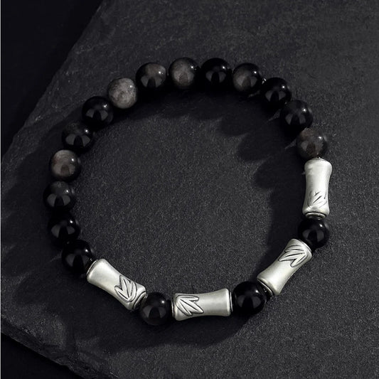 Bijou Oriental Trésor Bracelet de Bambou Chinois Accumulation de Richesse Obsidienne Noire Naturelle Bracelet en Argent Sterling 999 Protection Réglable pour Homme/Papa/Garçons