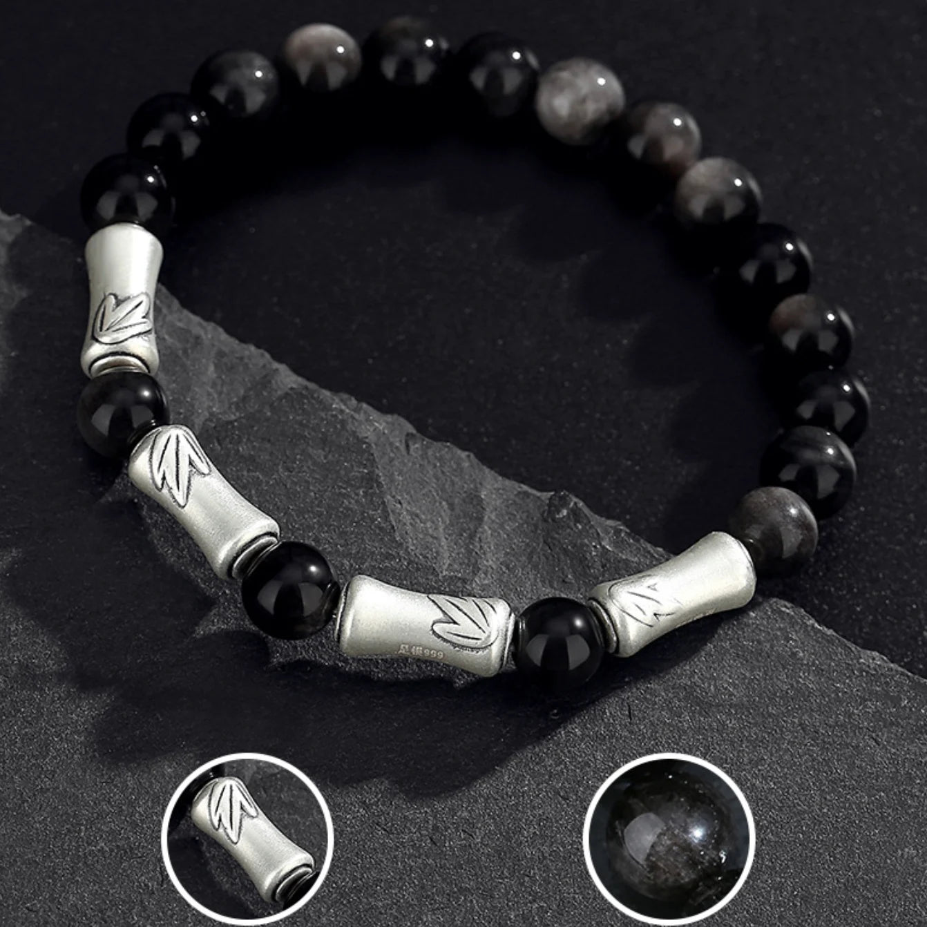 Oriental Treasure Chinese Bamboo Bracelet Wealth Accumulation Natural Black Obsidian Bracelet 999 Sterling Silver Protection Adjustable Bracelet for Men/Dad/Boys