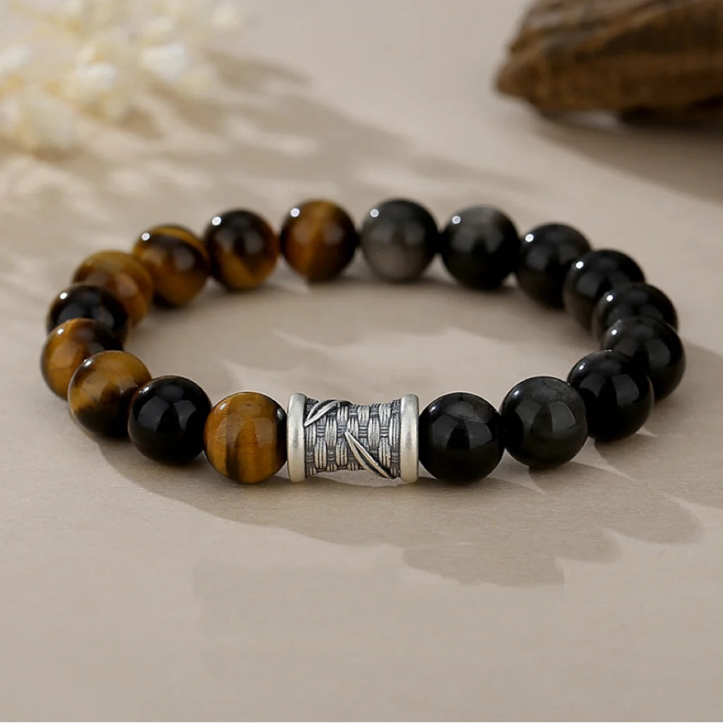 Oriental Treasure Chinesisches Bambus-Armband Tigerauge Reichtum-Ansammlung Natürliche schwarze Obsidian-Armband 999 Sterling Silber Schutz Verstellbares Armband für Männer/Väter/Jungen
