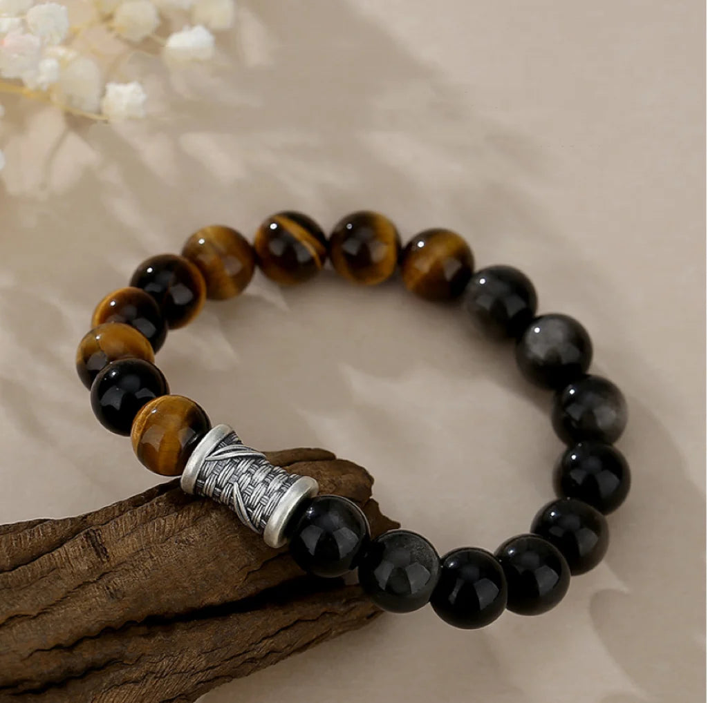 Oriental Treasure Chinesisches Bambus-Armband Tigerauge Reichtum-Ansammlung Natürliche schwarze Obsidian-Armband 999 Sterling Silber Schutz Verstellbares Armband für Männer/Väter/Jungen
