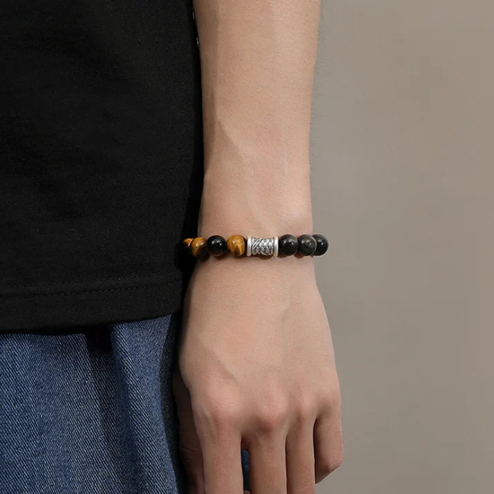 Oriental Treasure Chinesisches Bambus-Armband Tigerauge Reichtum-Ansammlung Natürliche schwarze Obsidian-Armband 999 Sterling Silber Schutz Verstellbares Armband für Männer/Väter/Jungen