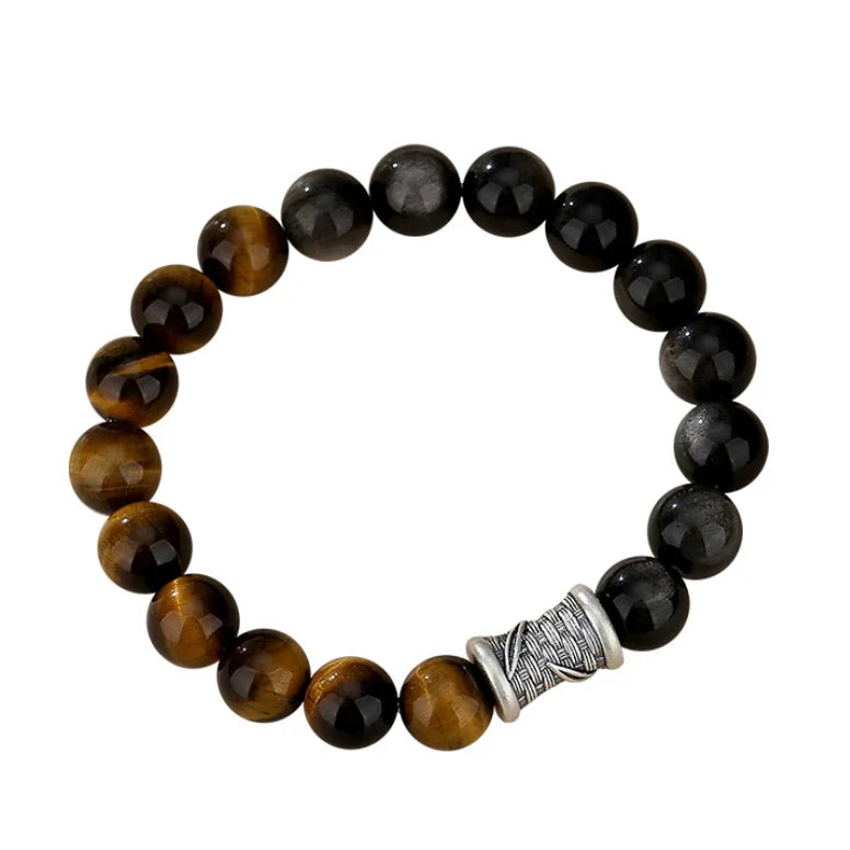 Oriental Treasure Chinesisches Bambus-Armband Tigerauge Reichtum-Ansammlung Natürliche schwarze Obsidian-Armband 999 Sterling Silber Schutz Verstellbares Armband für Männer/Väter/Jungen
