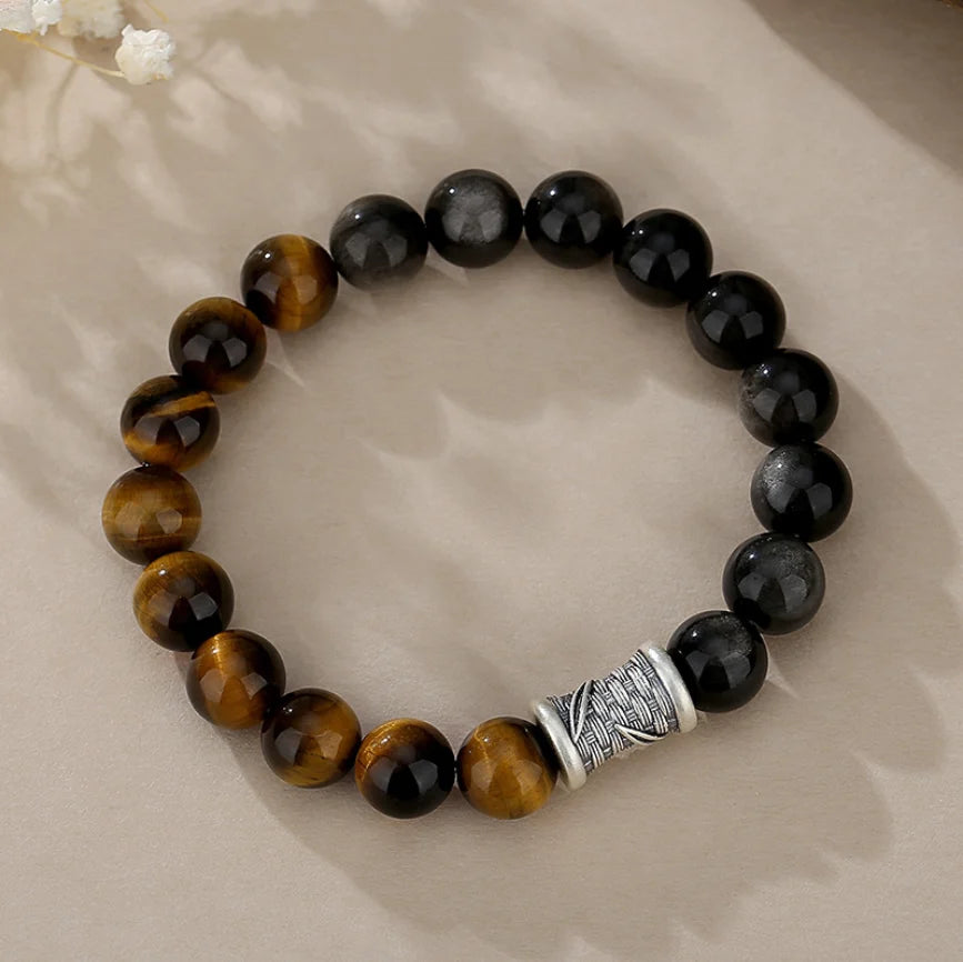 Oriental Treasure Chinesisches Bambus-Armband Tigerauge Reichtum-Ansammlung Natürliche schwarze Obsidian-Armband 999 Sterling Silber Schutz Verstellbares Armband für Männer/Väter/Jungen