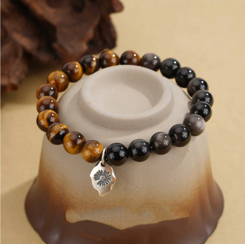 Oriental Treasure Natural Tiger's Eye Bracelet Wealth Magnetism Black Obsidian Bracelet Emotional Cleanser 925 Sterling Silver Adjustable Bracelet for Men/Dad/Boys