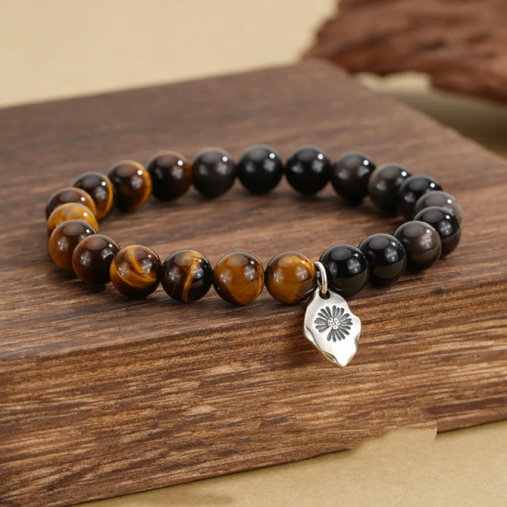 Oriental Treasure Natural Tiger's Eye Bracelet Wealth Magnetism Black Obsidian Bracelet Emotional Cleanser 925 Sterling Silver Adjustable Bracelet for Men/Dad/Boys