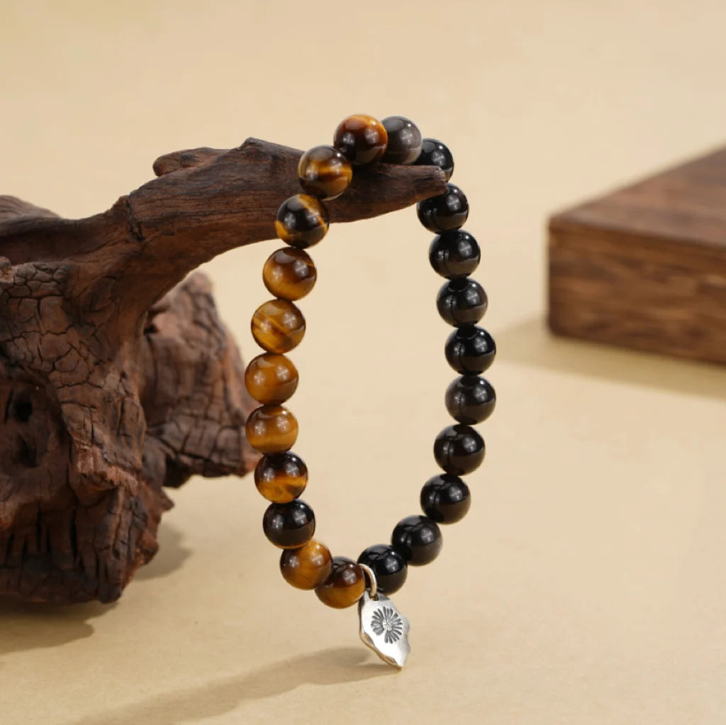 Oriental Treasure Natural Tiger's Eye Bracelet Wealth Magnetism Black Obsidian Bracelet Emotional Cleanser 925 Sterling Silver Adjustable Bracelet for Men/Dad/Boys